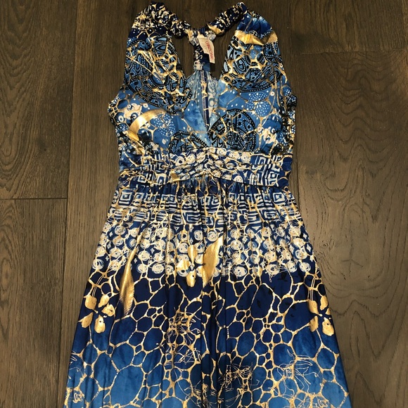 Dresses & Skirts - Blue and Gold Patterned Maxi Dress with V-Neck
